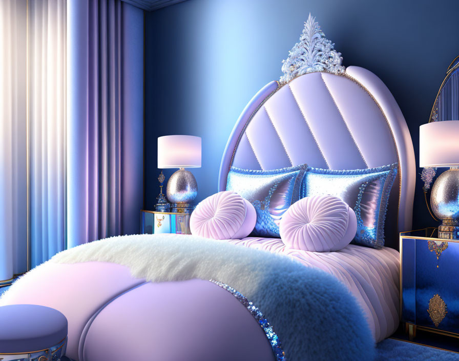 Opulent royal blue bed with silver and pale blue pillows in luxurious bedroom