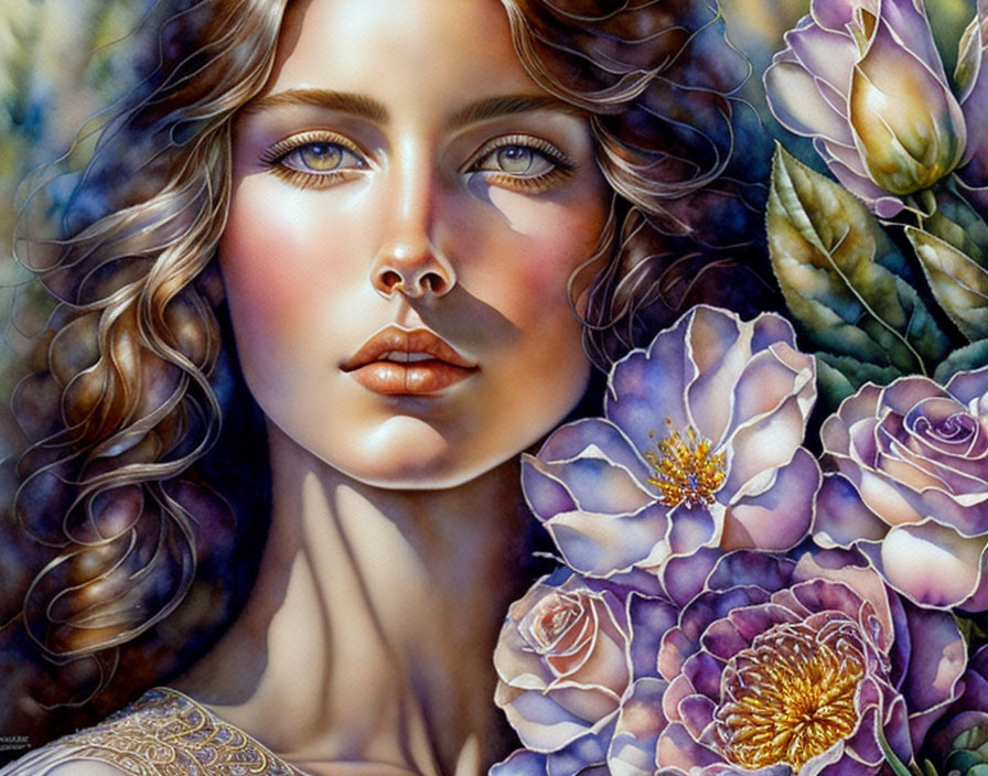 Detailed portrait of a woman with wavy hair and vibrant flowers, showcasing intricate facial features.