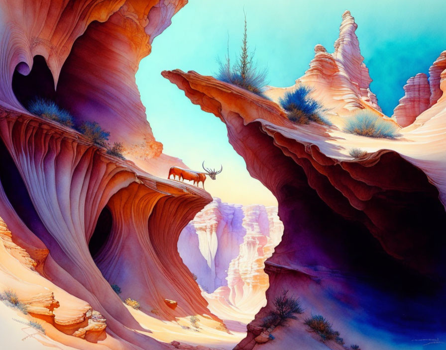 Colorful painting of canyon with deer and blue sky