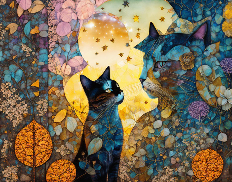 Illustration of two cats under starry night sky with autumn leaves