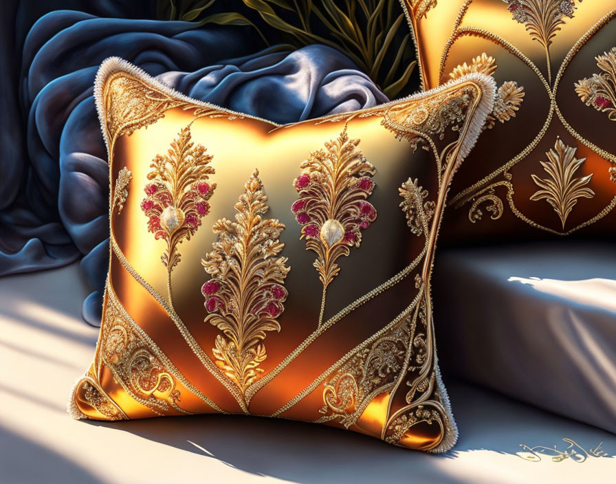 Golden embroidered pillow on plush blue fabric in warm sunlight