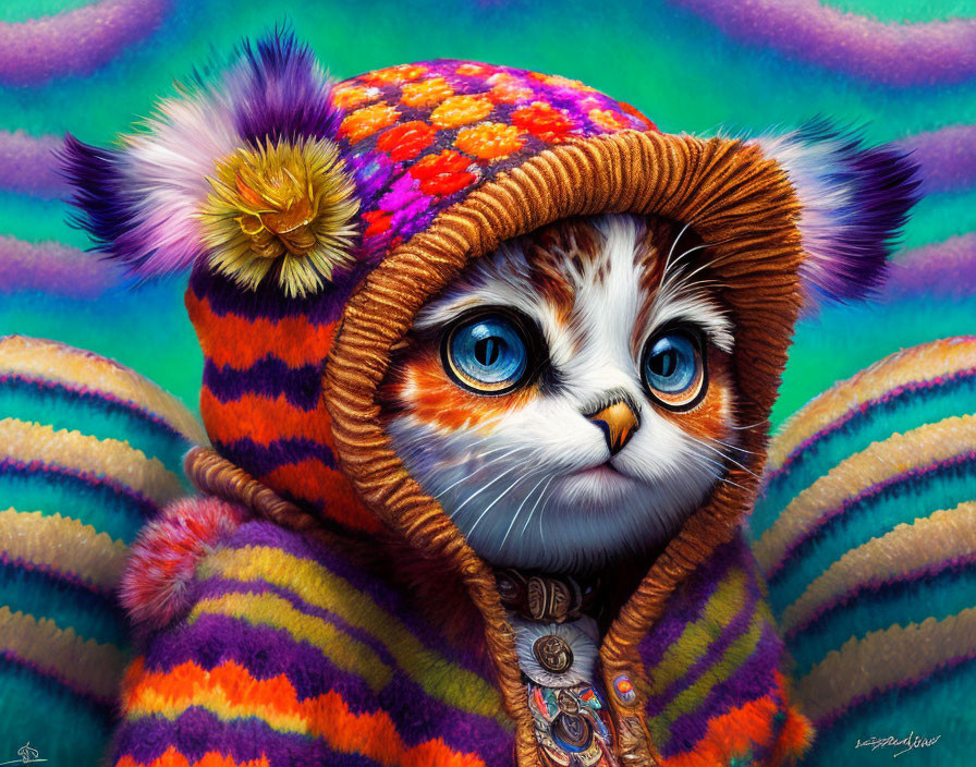 Anthropomorphic kitten digital art in colorful attire