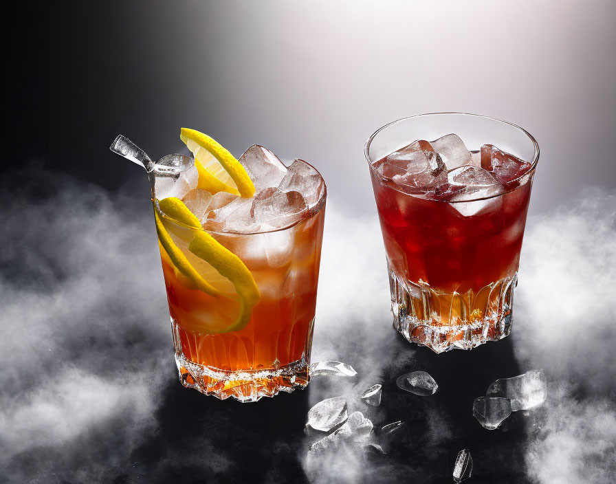 Chilled cocktails with ice, lemon peel, and smoky ambiance