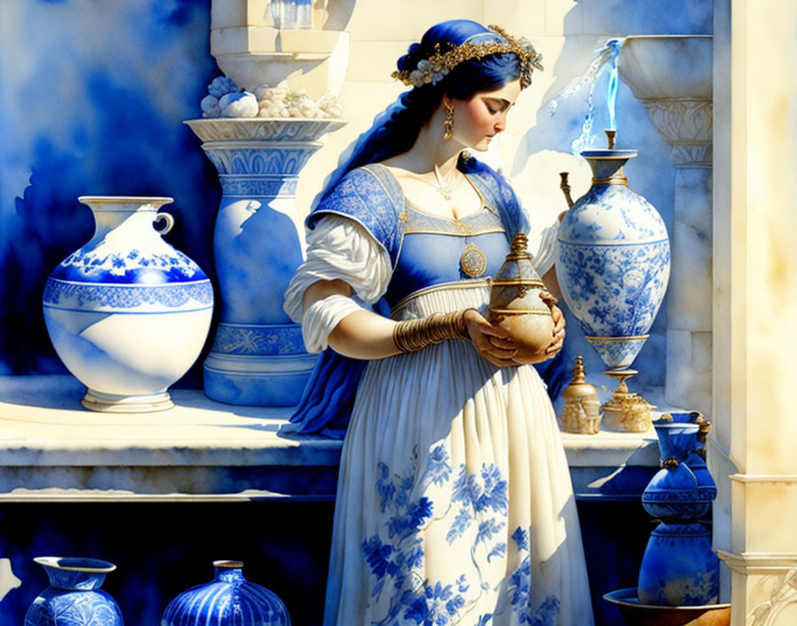 Classical Greek-style woman holding golden urn among blue and white pottery
