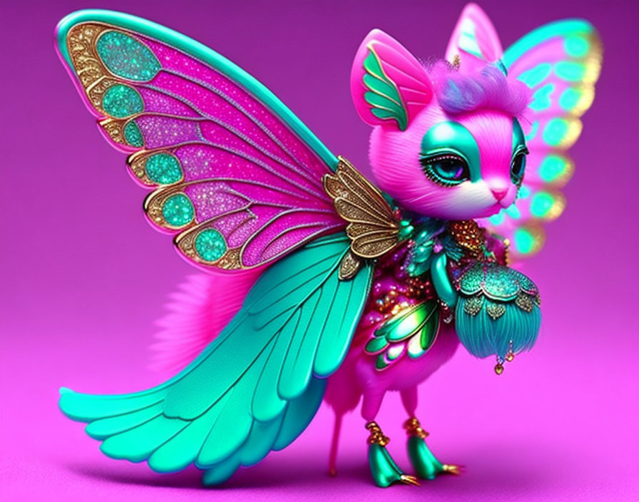 Colorful Cat Butterfly Creature with Pink Fur and Turquoise Wings