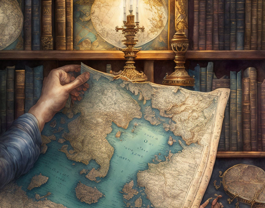 Hand holding antique map in room with old books, candle, and globe