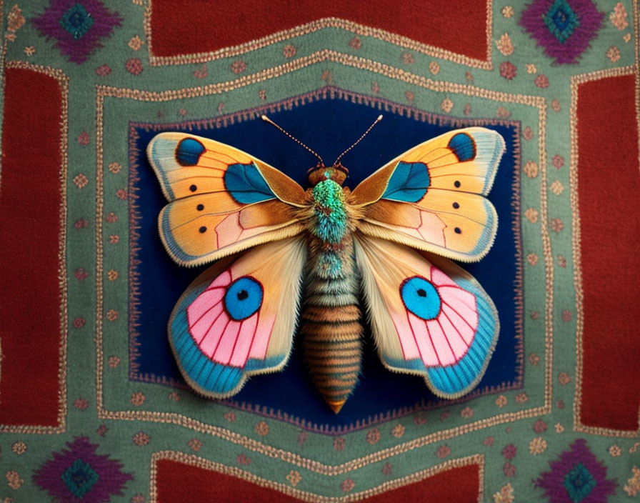 Colorful Butterfly Resting on Geometric-Patterned Fabric