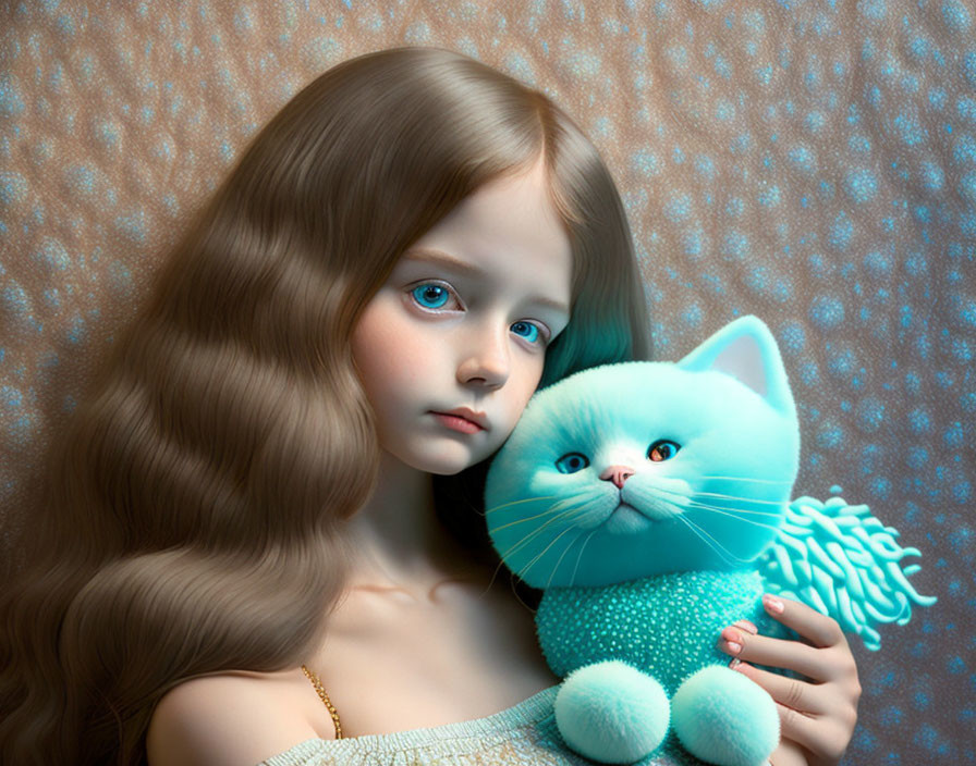 Girl with Long Wavy Hair Holding Blue-Eyed Plush Cat on Blue Background