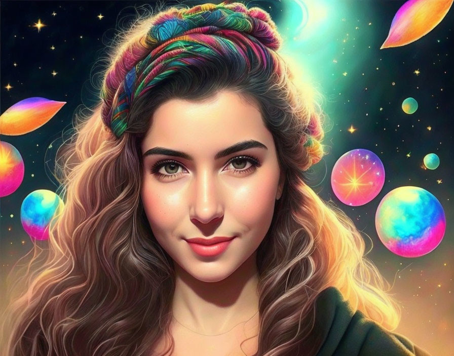 Digital artwork of woman with long wavy hair and colorful headband in cosmic setting.