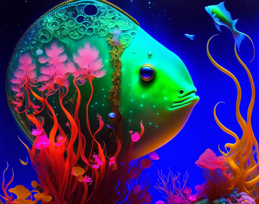Vividly colored surreal fish artwork on deep blue background