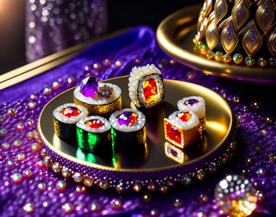 Luxurious Sushi Pieces with Gemstones on Gold Plate & Glittery Purple Background