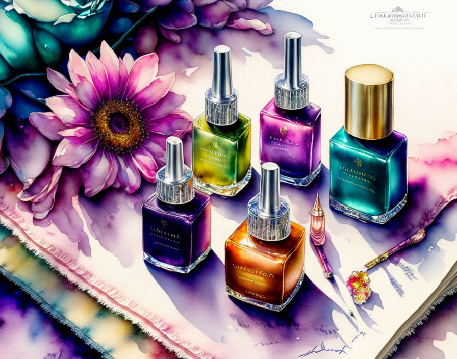 Vibrant nail polish bottles on floral backdrop with brush and magazine