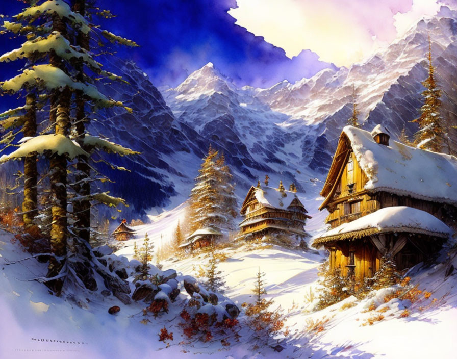 Winter cabins in snowy mountain landscape at sunset
