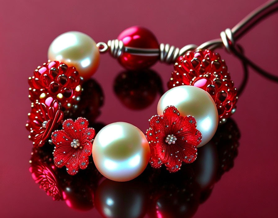 Pearl and Red Bead Bracelet with Flower Charms on Reflective Surface