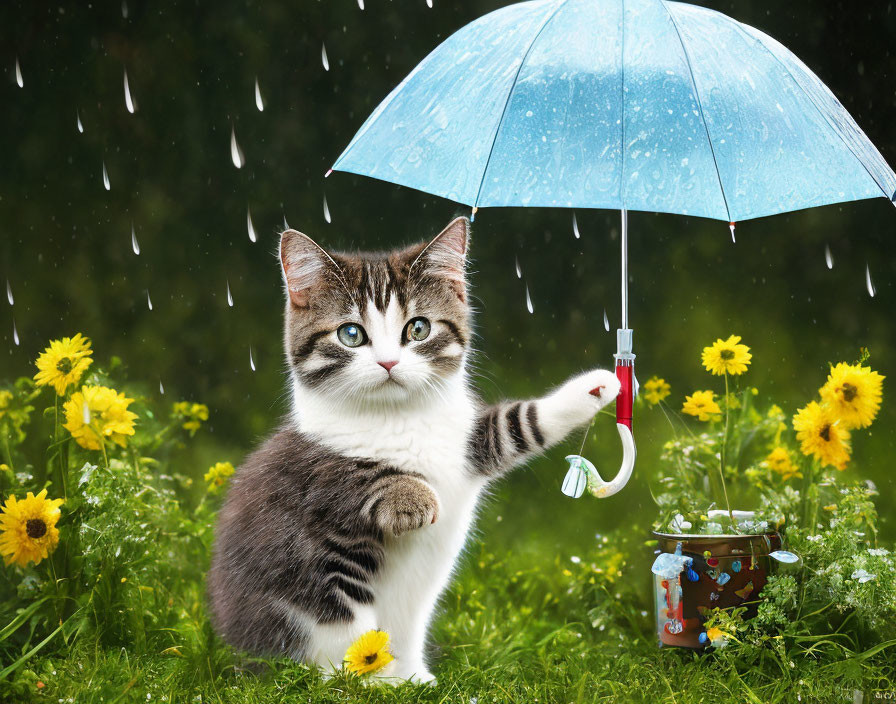 Tabby Cat with Blue Umbrella in Rainy Scene