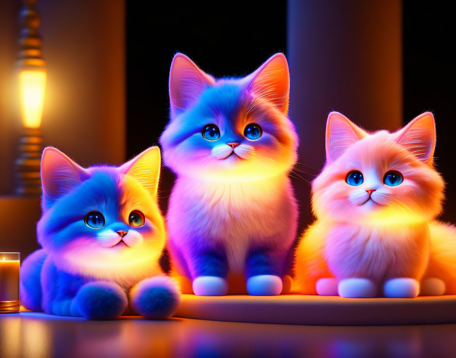 Colorful Glowing Cartoon Kittens in Cozy Setting