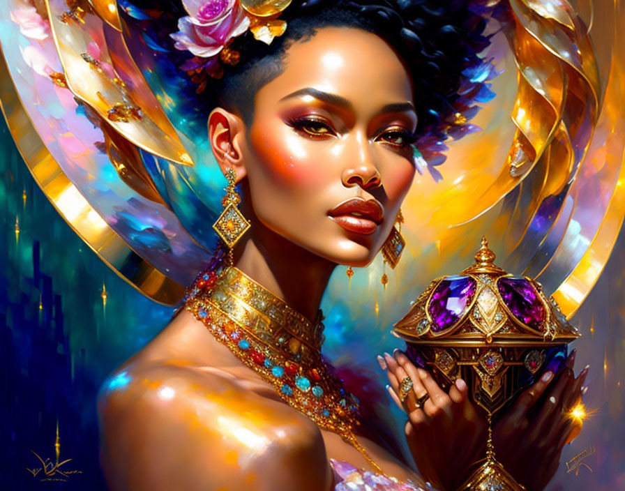 Digitally illustrated portrait of woman with glowing skin and gold jewelry, holding gem-studded object against vibrant
