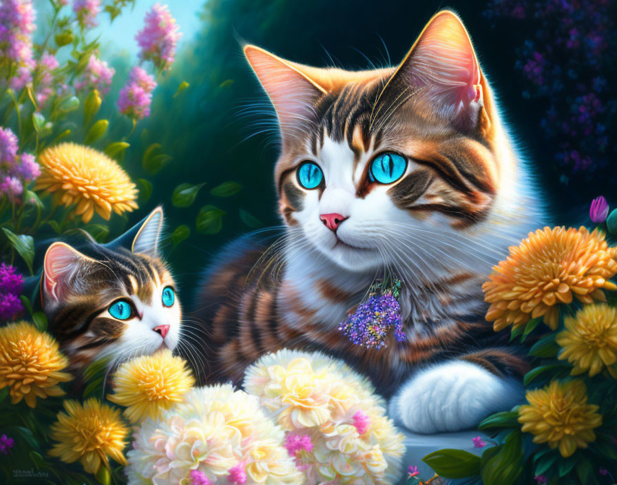 Realistic cats with blue eyes in vibrant floral setting.