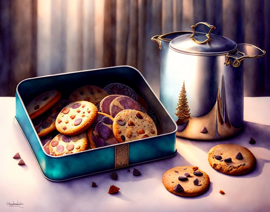 Freshly Baked Cookies Tin Next to Silver Coffee Pot on Purple Background