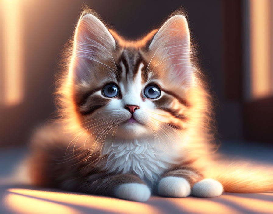 Blue-eyed tabby kitten enjoying sunlight with thoughtful expression