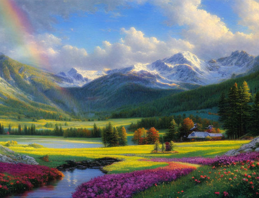 Serene mountain landscape with lake, cabin, and rainbow