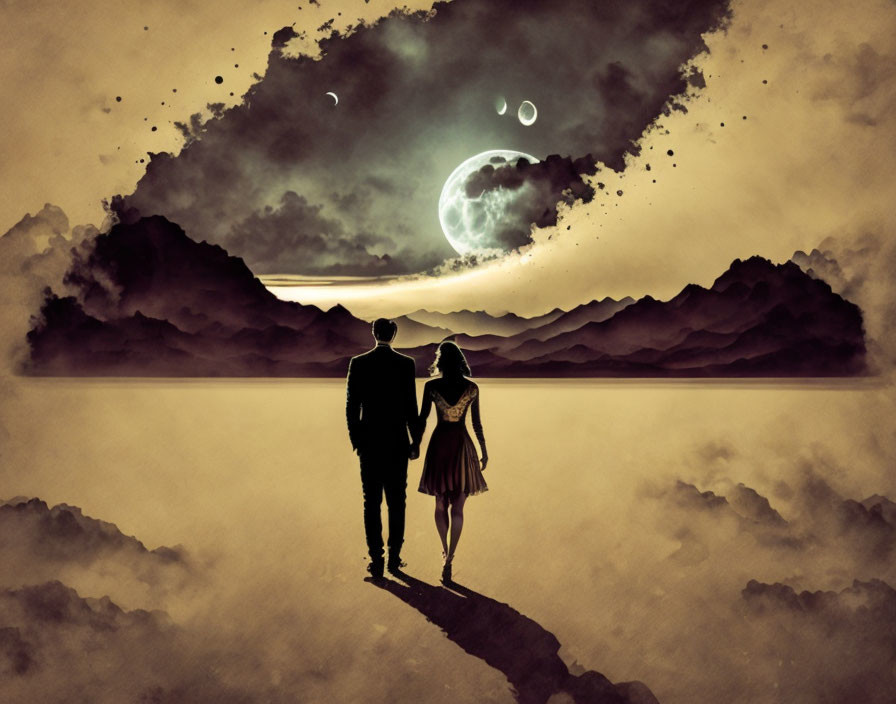 Silhouetted couple holding hands under moonlit sky with celestial bodies and layered mountains.