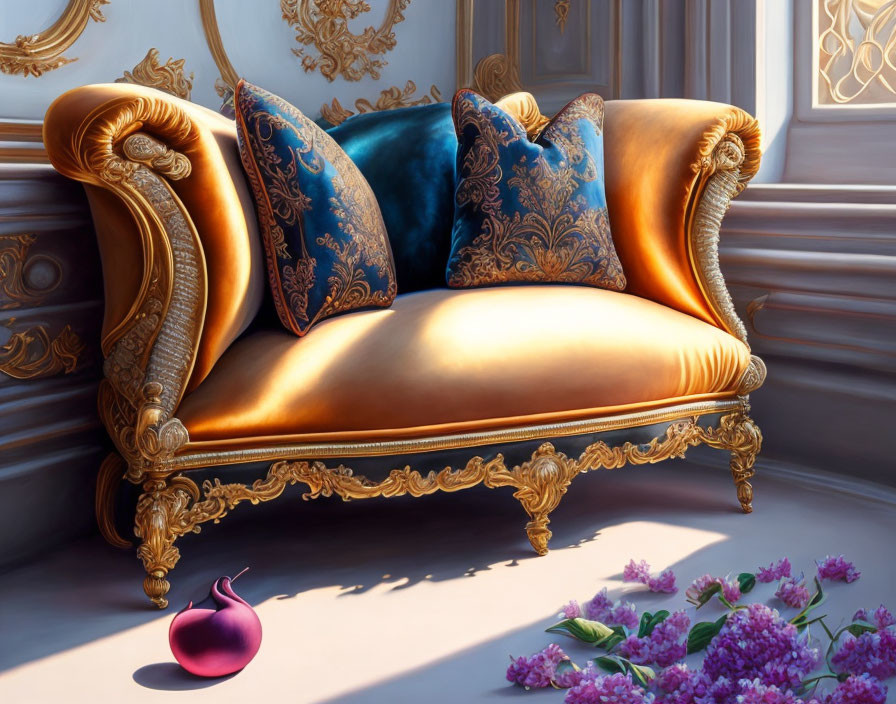 Luxurious golden couch with blue and gold cushions in elegant room with flowers and red object
