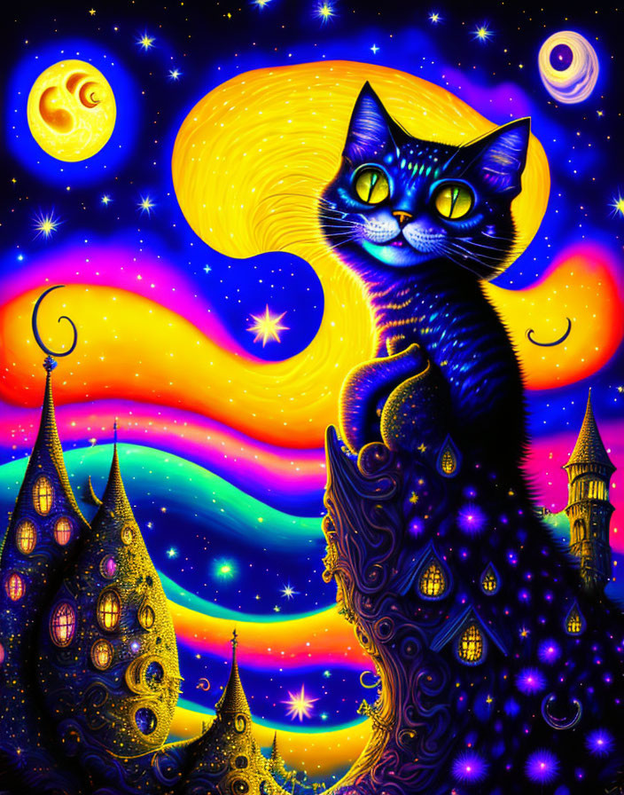 Colorful Illustration of Blue Cat on Tower in Cosmic Landscape