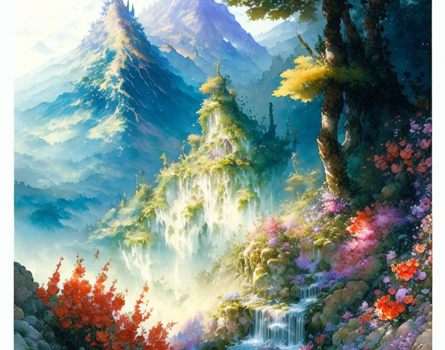 Colorful Fantasy Landscape with Waterfalls and Mountain Peaks
