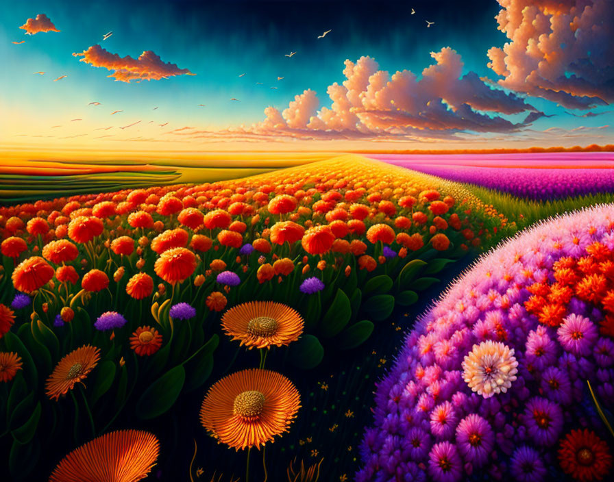 Surreal colorful flower field under sunset sky with flying birds