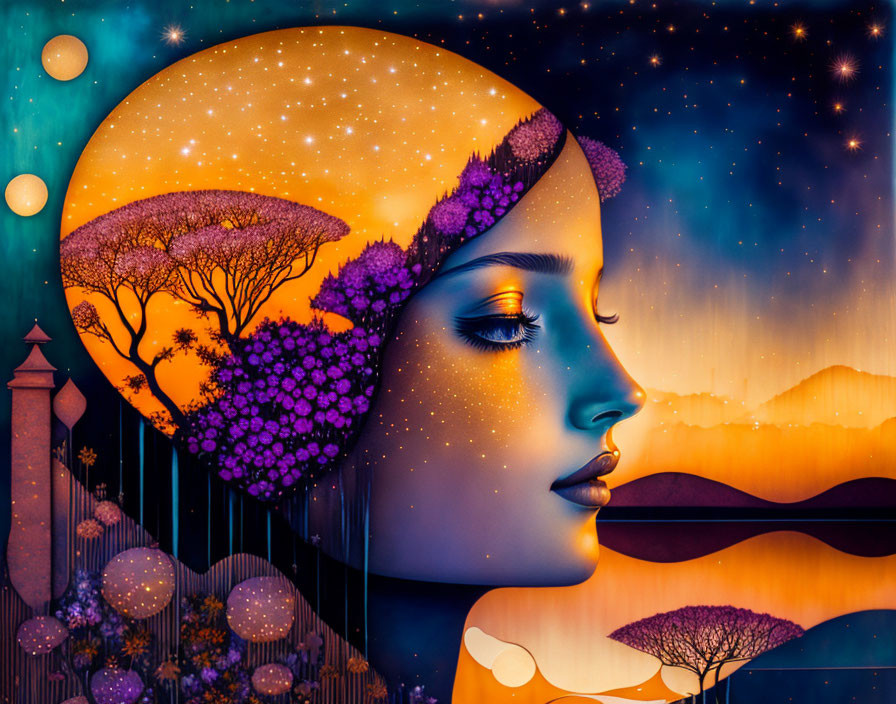 Colorful woman's profile with landscape and night sky silhouette