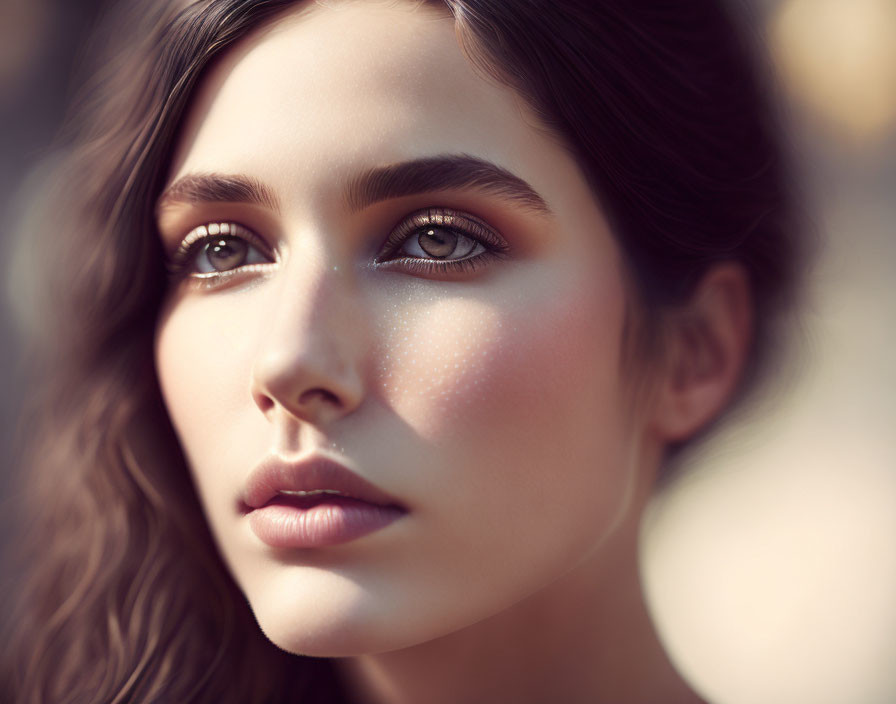 Brown-haired woman with captivating eyes and prominent cheekbones in close-up shot.