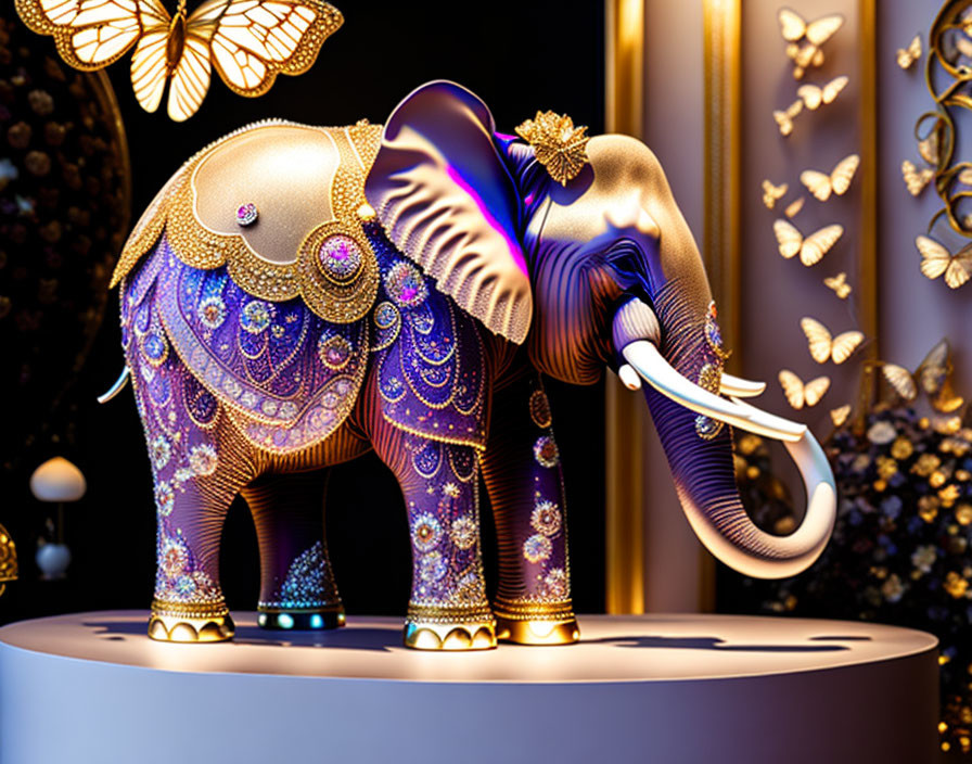 Jewel-encrusted elephant statue with golden butterflies on dark background