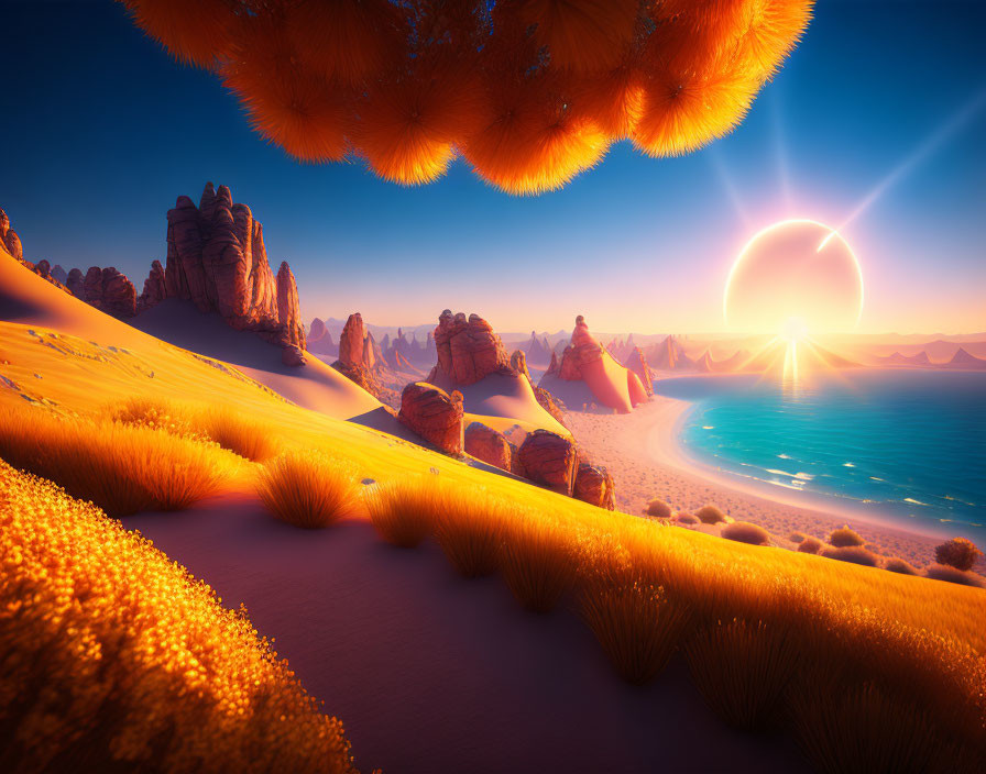 Orange Flora and Tranquil Sea in Otherworldly Landscape