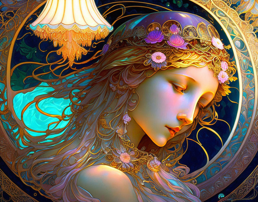 Detailed Illustration of Ethereal Woman with Crown and Golden Circular Motif