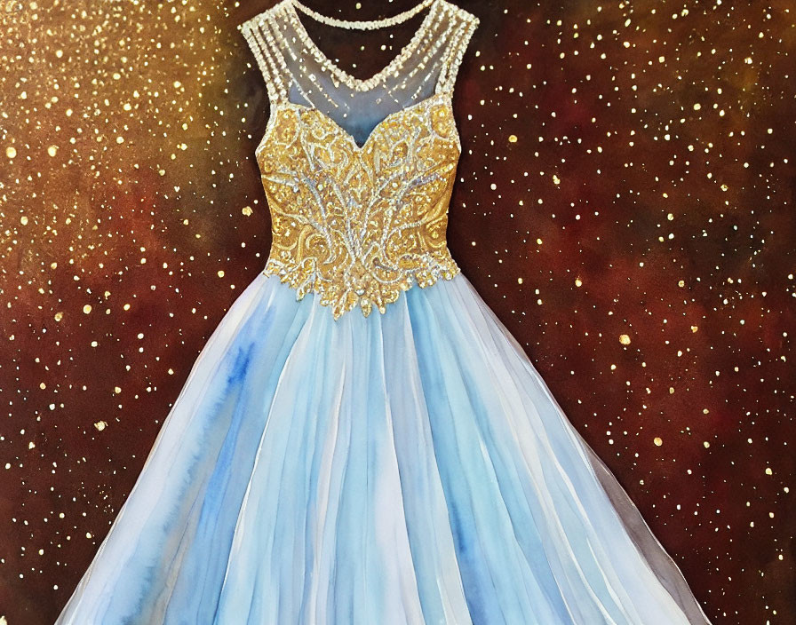 Blue and Gold Ball Gown with Beaded Embroidery on Sheer Neckline