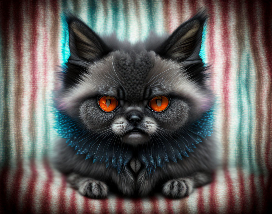 Stylized cat with orange eyes on colorful background