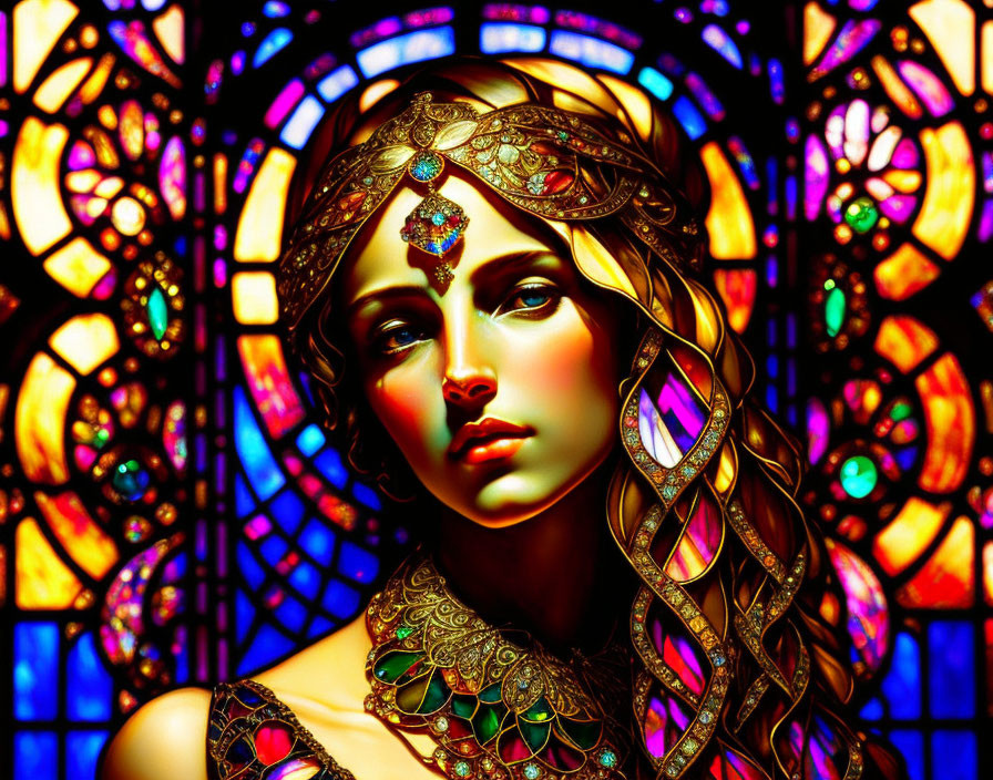 Illustrated woman with gold jewelry on vibrant stained glass background