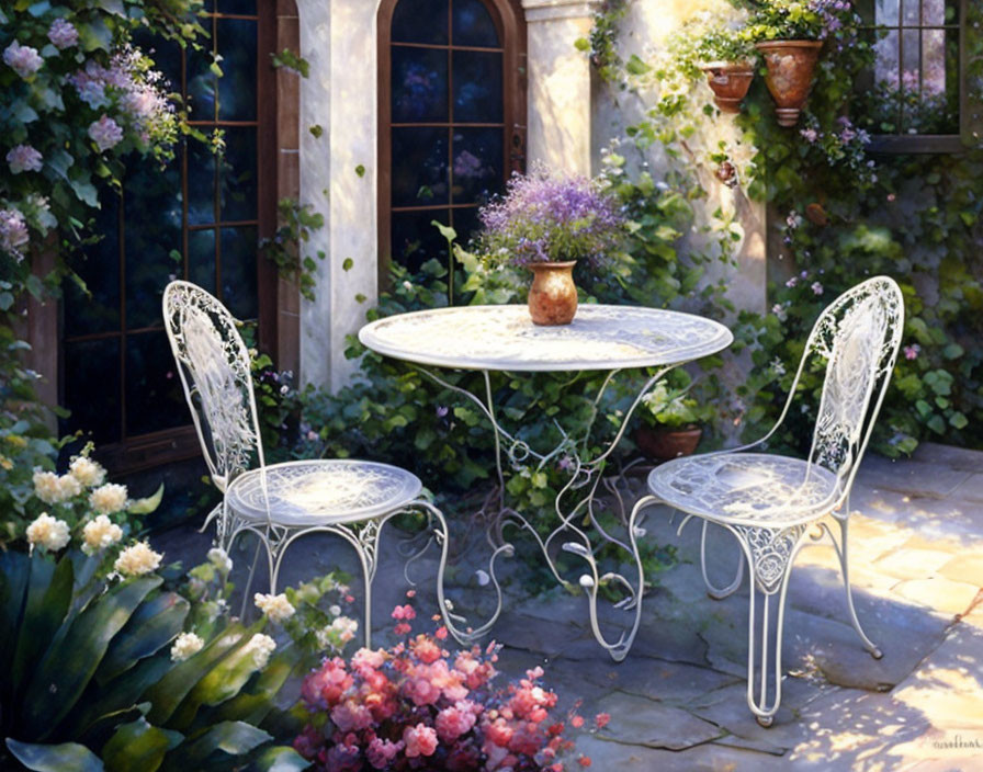 Vintage white metal table and chairs in a blooming garden setting