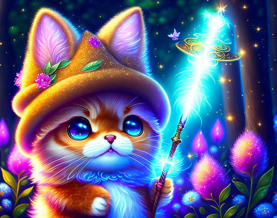 Illustration of cute kitten in cloak with wand and fairy in magical scene