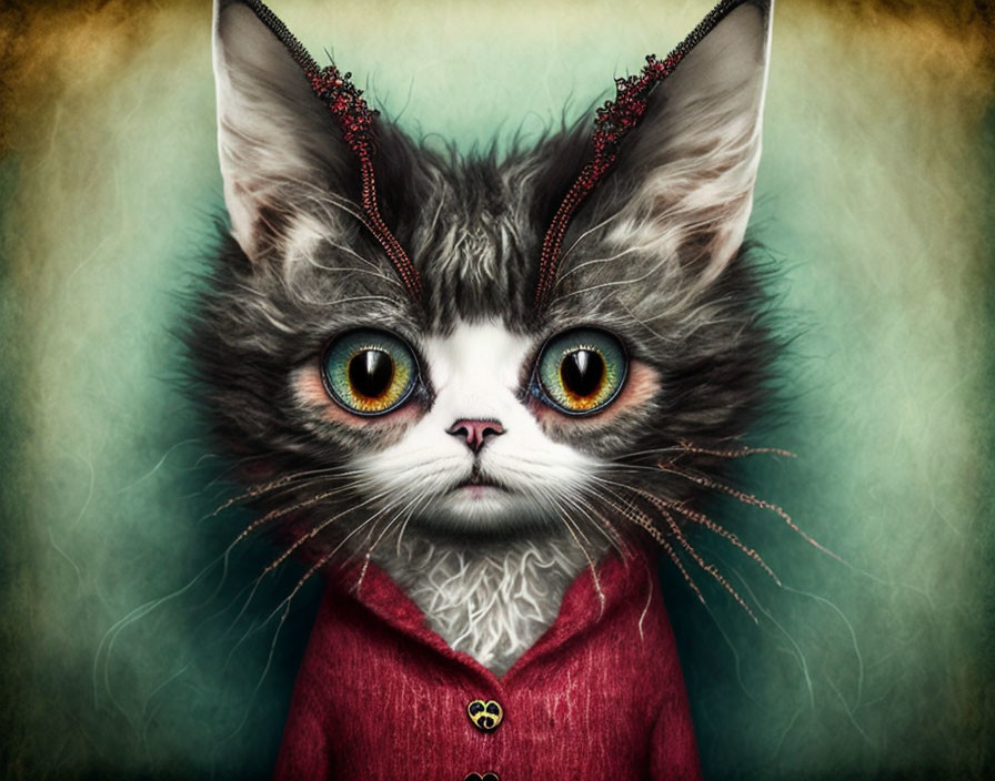 Anthropomorphic cat in red coat on green and yellow background