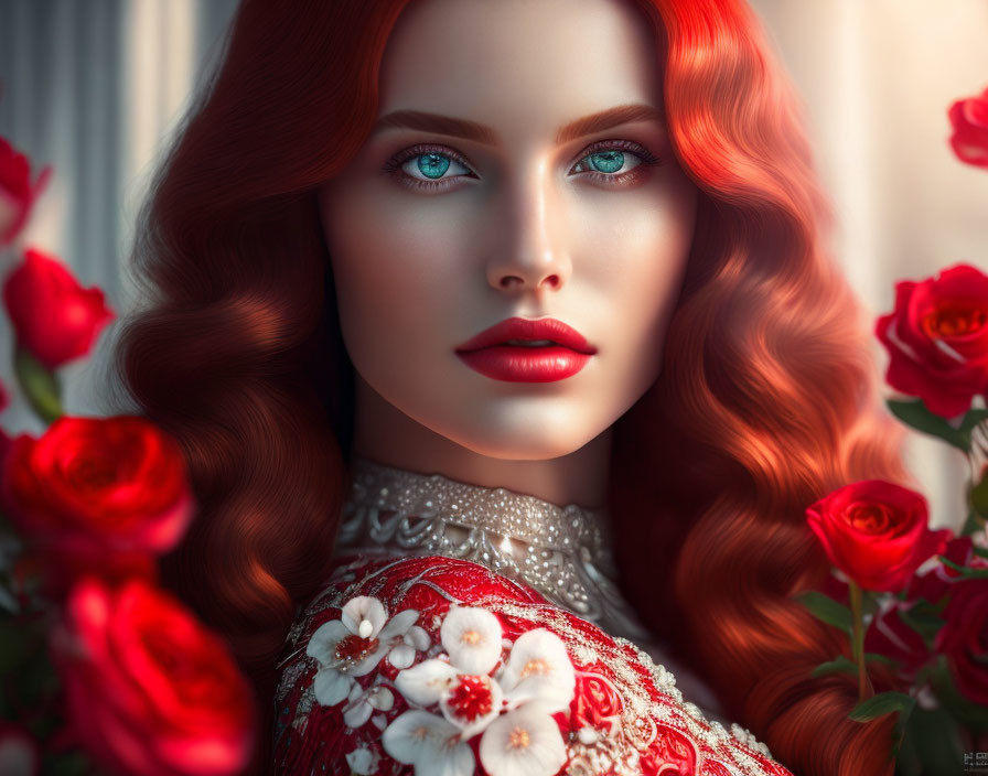 Woman with red hair and blue eyes in red dress among red roses