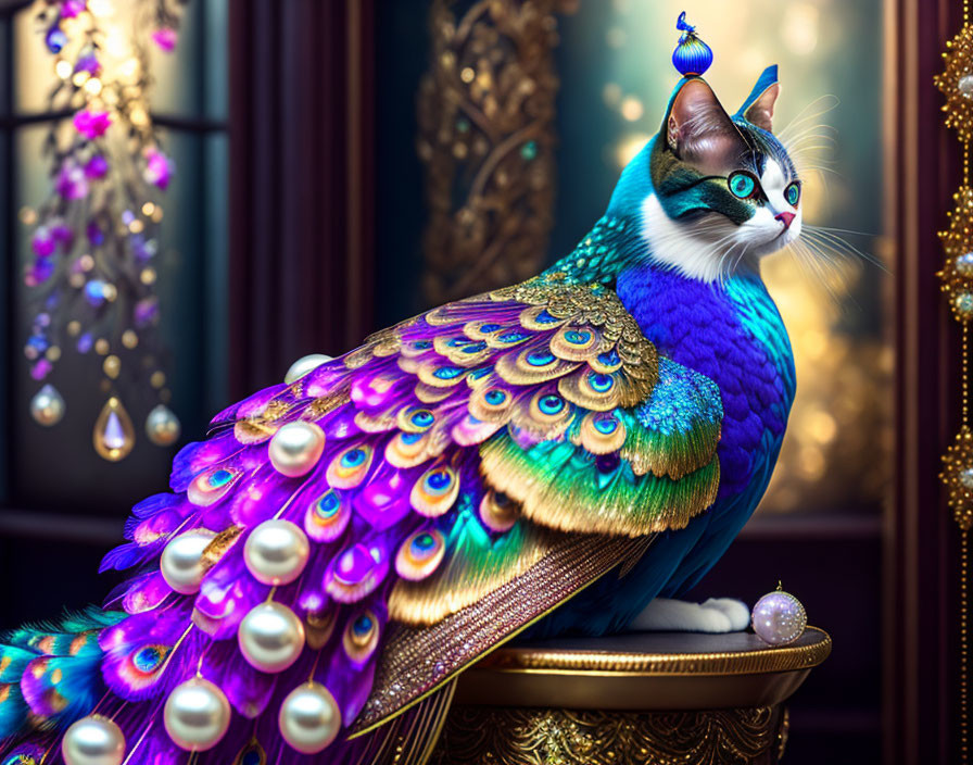 Digital Artwork: Cat with Peacock Feathers in Luxurious Room