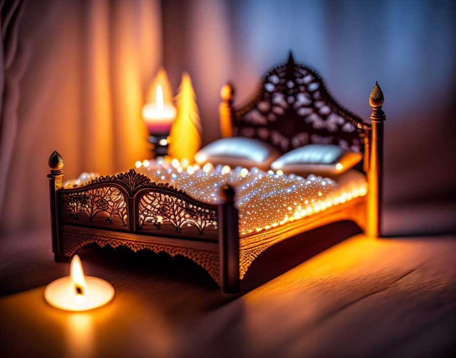 Intricately designed miniature bed with glowing lights and candles in cozy ambiance