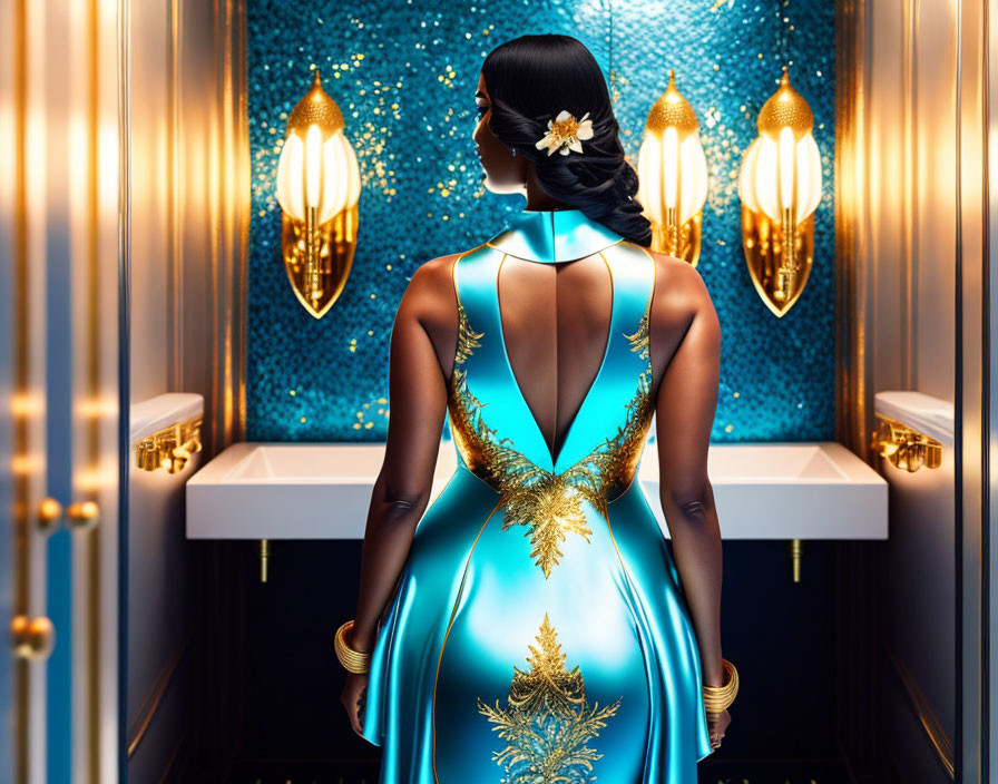Elegant woman in blue dress in luxurious bathroom with gold accents