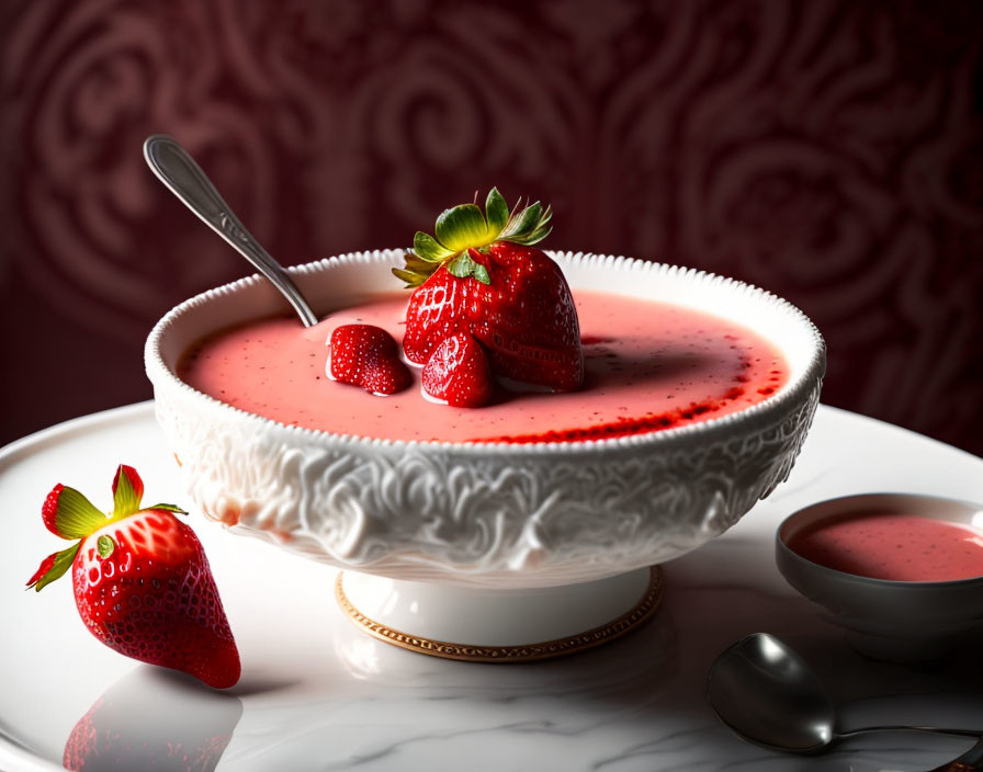 Strawberry soup in white bowl with garnish on red backdrop