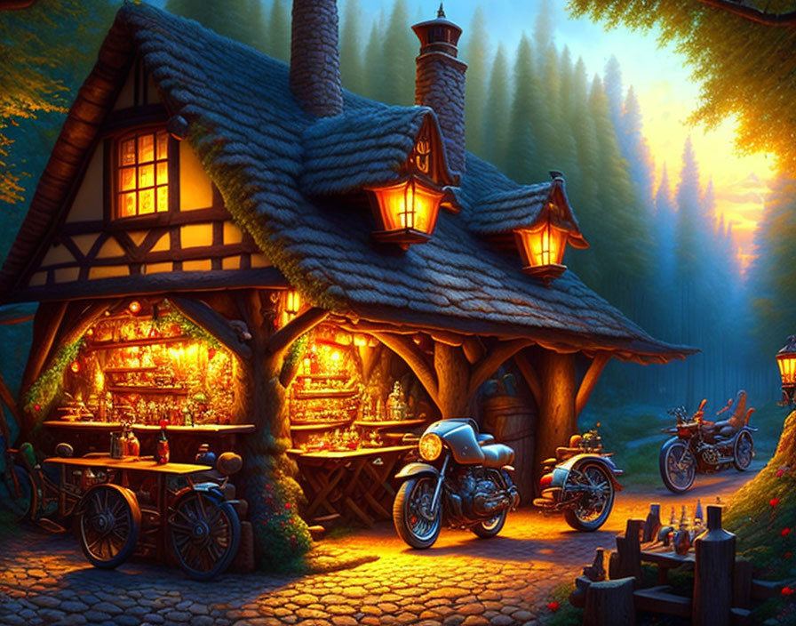 Thatched Roof Cottage at Twilight with Vintage Motorcycles