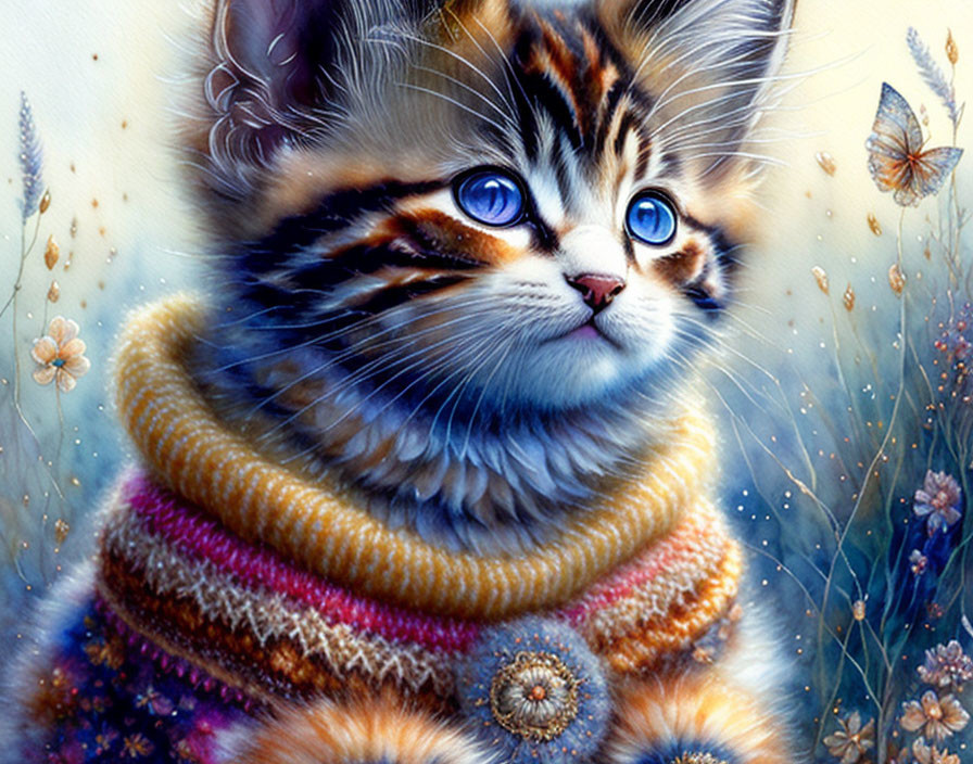 Illustration of cute kitten with blue eyes in striped sweater surrounded by flowers.