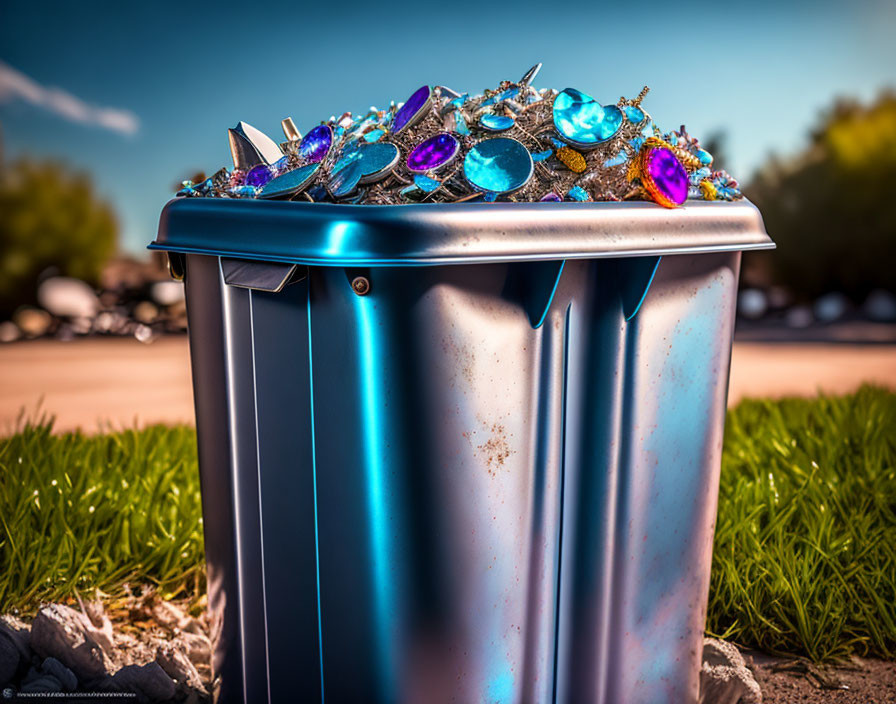 Overflowing shiny blue trash bin with colorful costume jewelry on pavement under clear blue sky