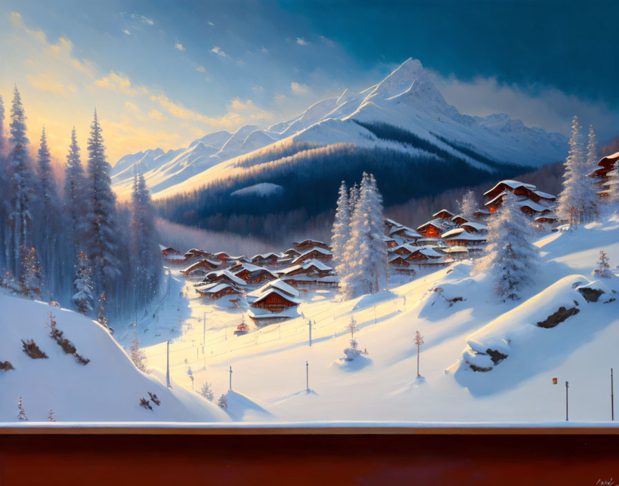 Snow-covered Alpine village with chalets and pine trees, mountains at sunrise or sunset